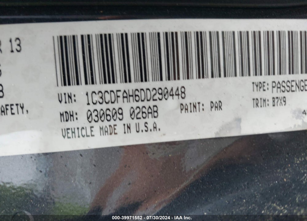 2013 DODGE DART AERO VIN: 1C3CDFAH6DD290448