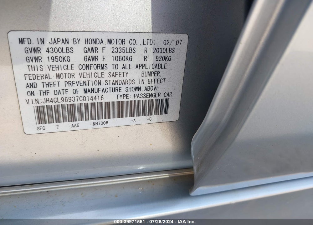 2007 ACURA TSX VIN: JH4CL96937C014416