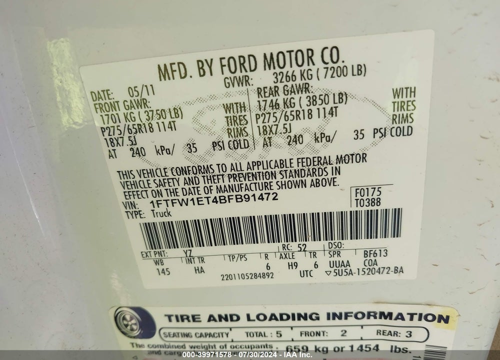 2011 FORD F-150 LARIAT VIN: 1FTFW1ET4BFB91472