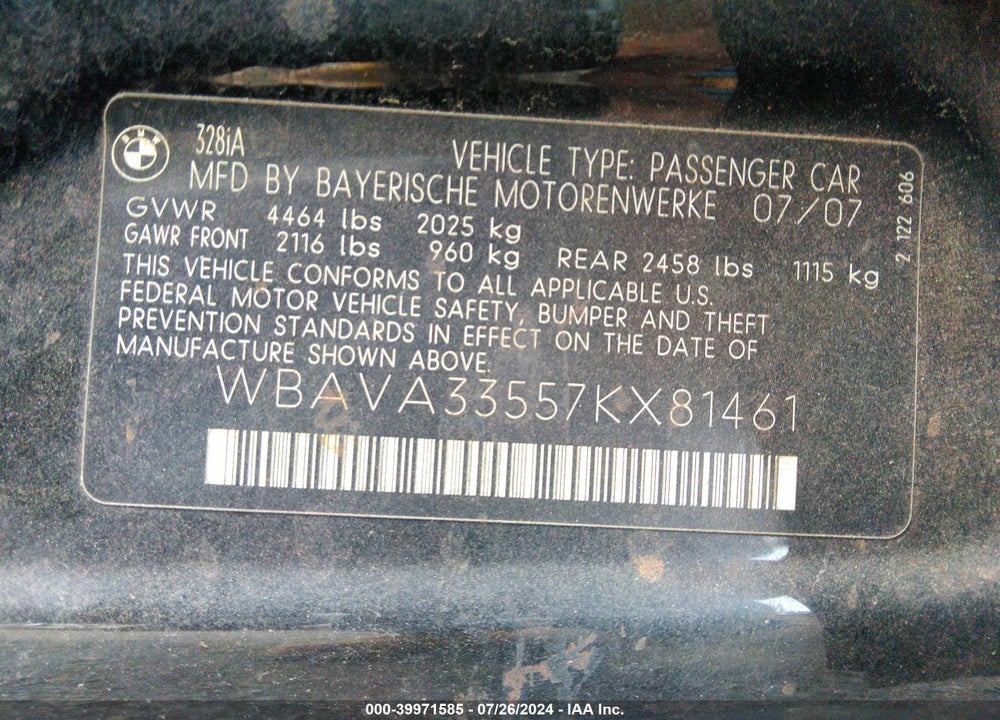 2007 BMW 328I VIN: WBAVA33557KX81461