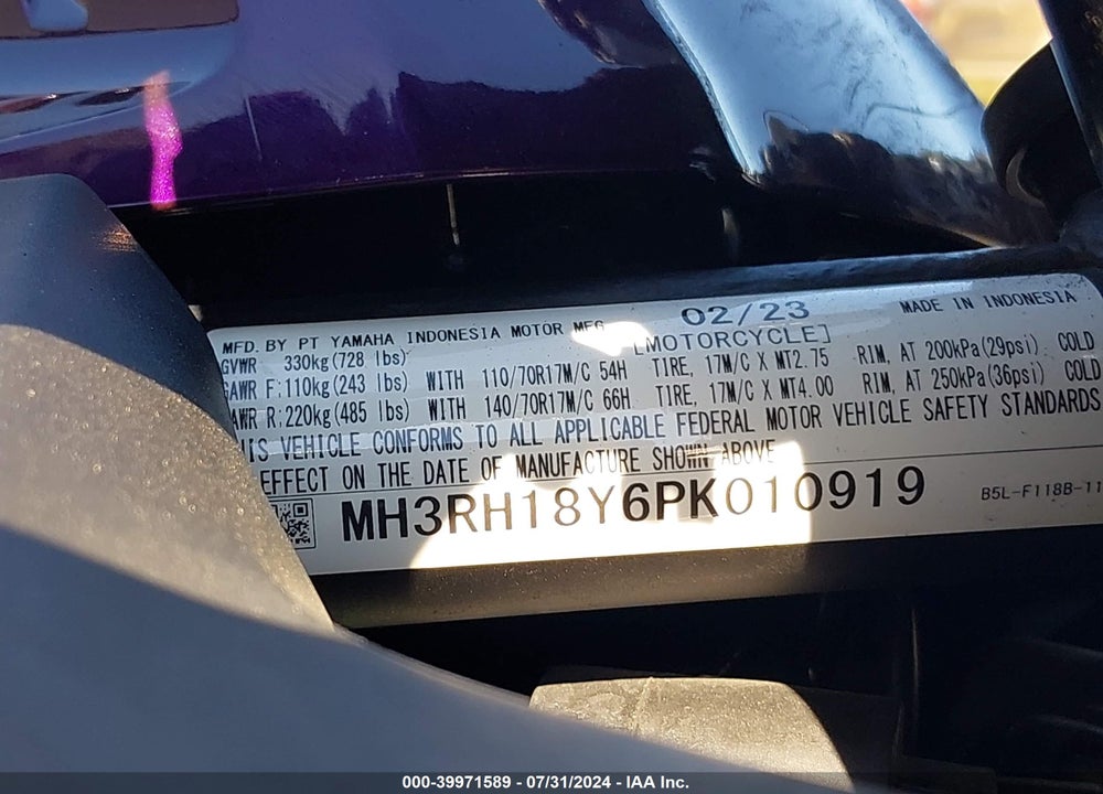 2023 YAMAHA YZFR3 A VIN: MH3RH18Y6PK010919