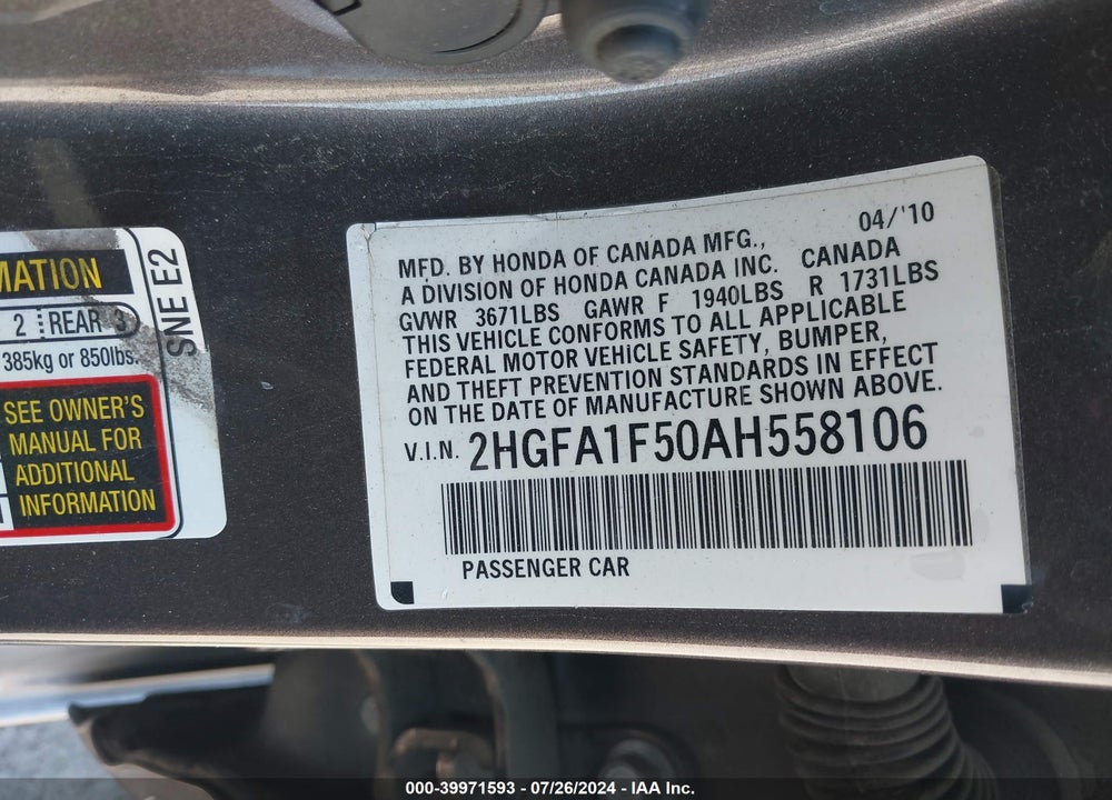 2010 HONDA CIVIC LX VIN: 2HGFA1F50AH558106