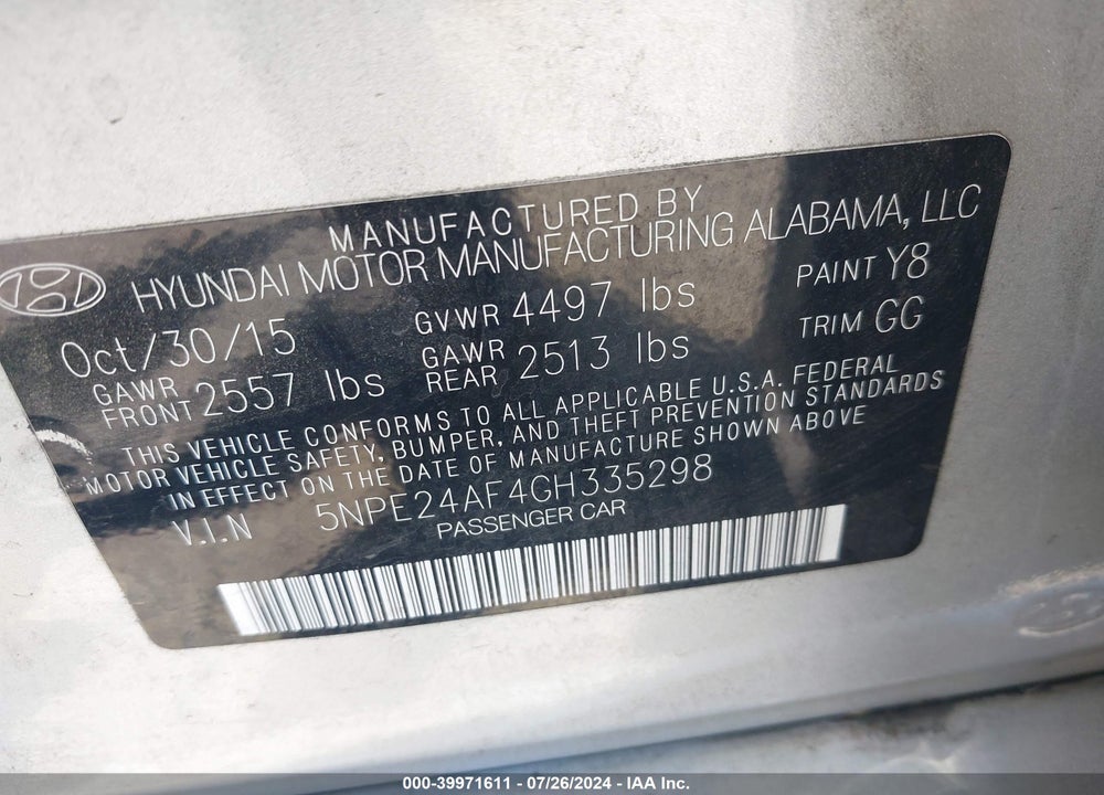 2016 HYUNDAI SONATA SE VIN: 5NPE24AF4GH335298