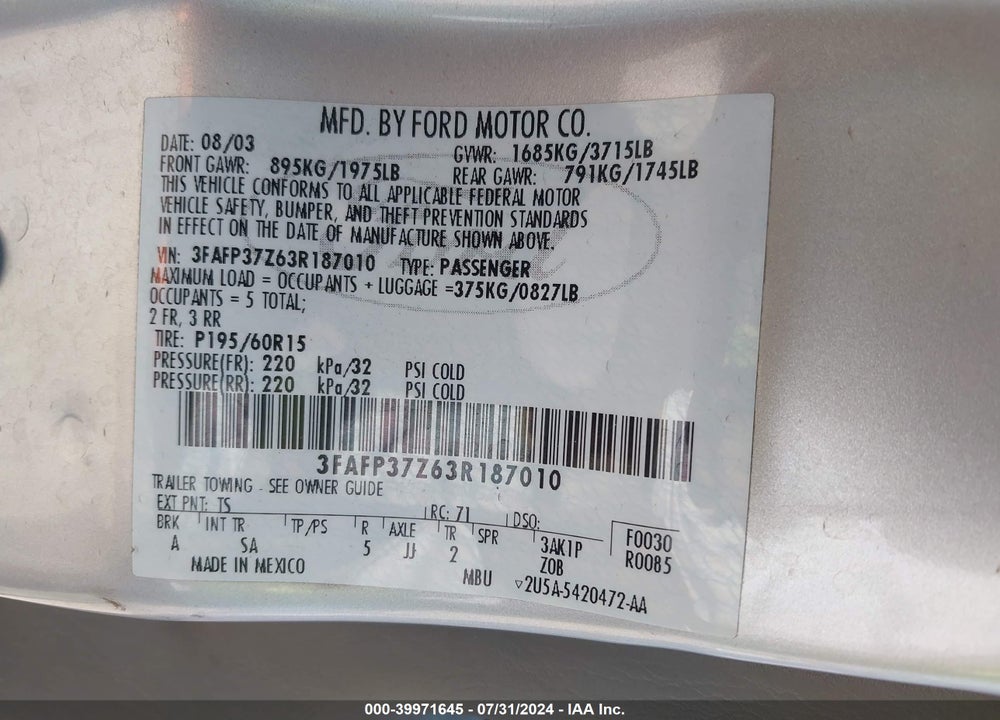 2003 FORD FOCUS ZX5 VIN: 3FAFP37Z63R187010