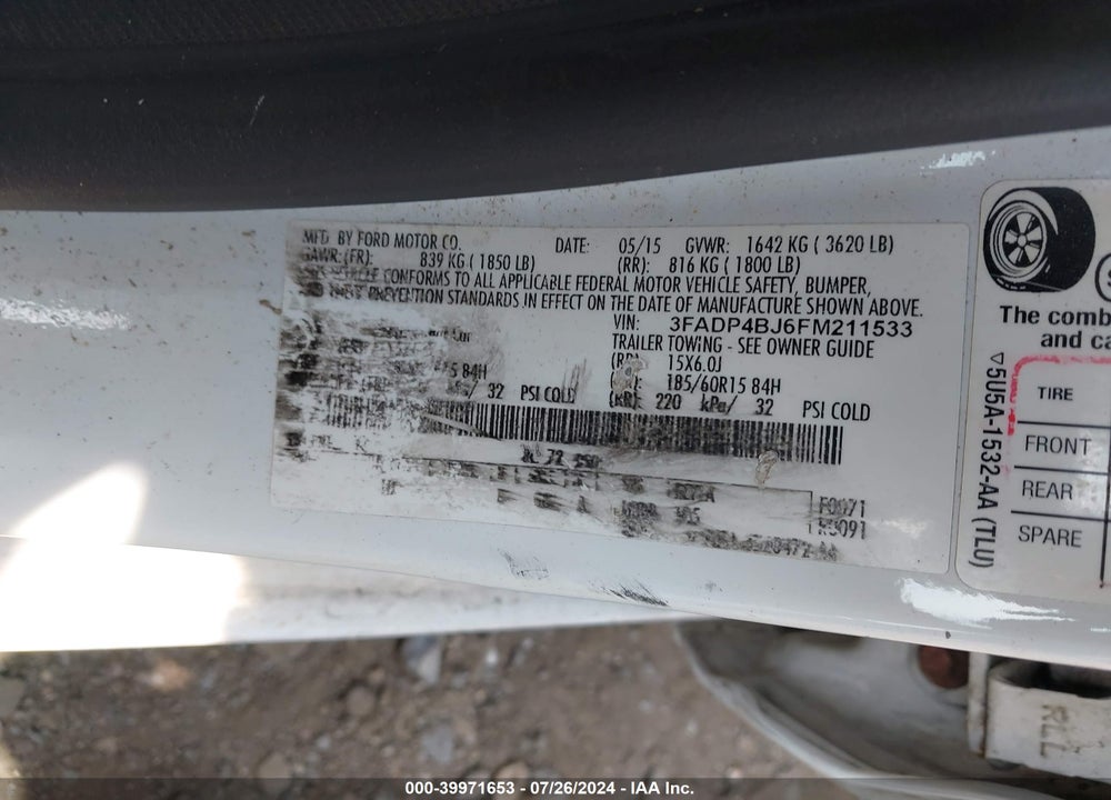 2015 FORD FIESTA SE VIN: 3FADP4BJ6FM211533