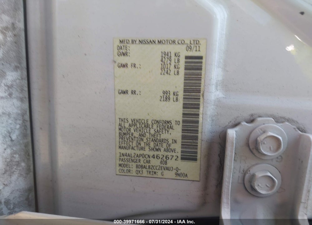 2012 NISSAN ALTIMA VIN: 1N4AL2AP0CN462672