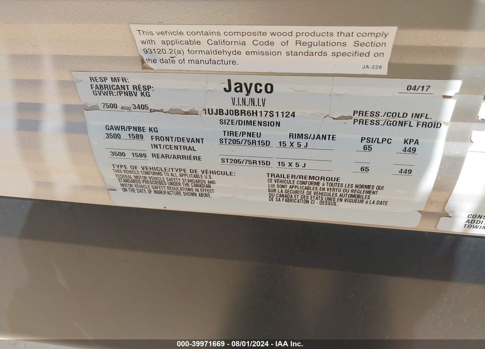 2017 JAYCO 284BHSW VIN: 1UJBJ0BR6H17S1124