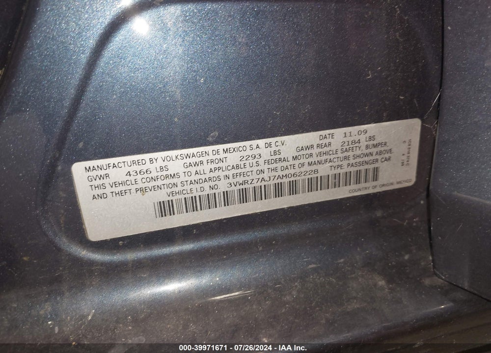 2010 VOLKSWAGEN JETTA SE VIN: 3VWRZ7AJ7AM062228