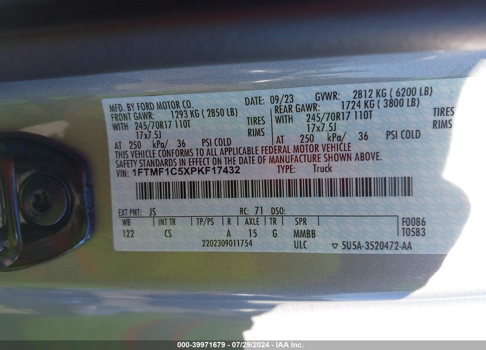 2023 FORD F-150 XL VIN: 1FTMF1C5XPKF17432