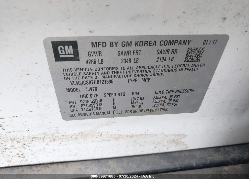 2017 BUICK ENCORE ESSENCE VIN: KL4CJCSB7HB121595