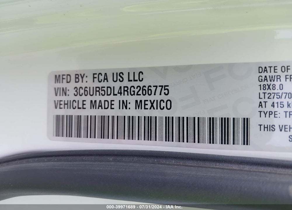 2024 RAM 2500 BIG HORN VIN: 3C6UR5DL4RG266775