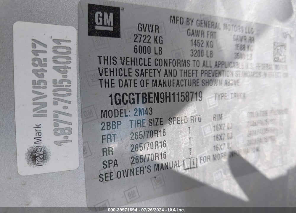 2017 CHEVROLET COLORADO WT VIN: 1GCGTBEN9H1158719