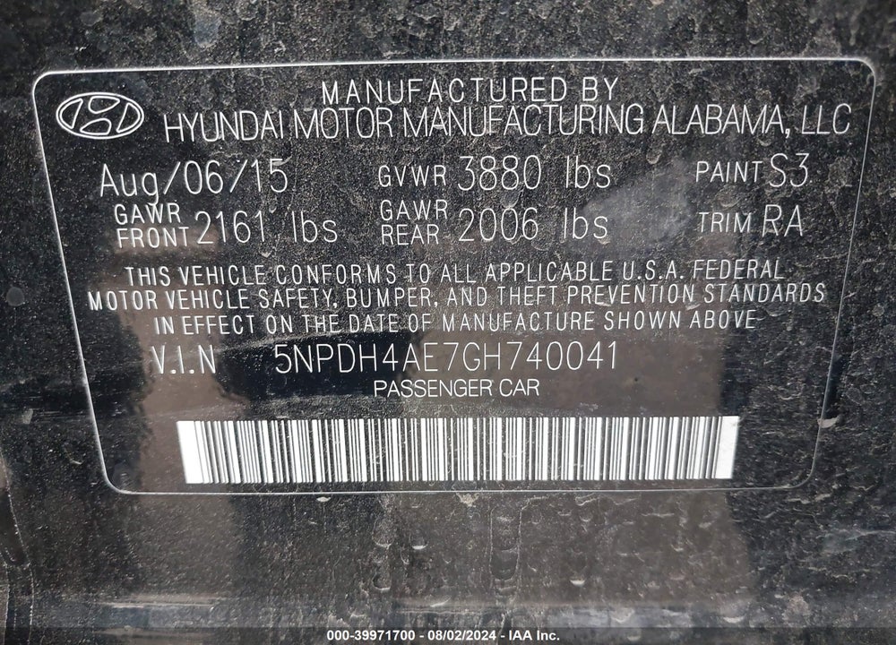 2016 HYUNDAI ELANTRA SE VIN: 5NPDH4AE7GH740041