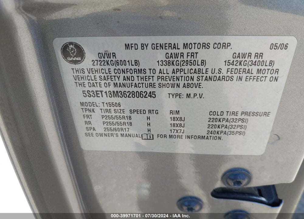 2006 SAAB 9-7X 5.3I VIN: 5S3ET13M362806245