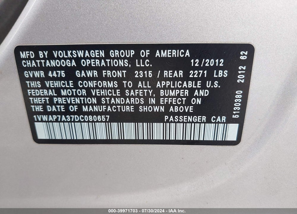 2013 VOLKSWAGEN PASSAT 2.5L S VIN: 1VWAP7A37DC080657