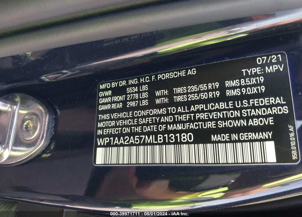 2021 PORSCHE MACAN VIN: WP1AA2A57MLB13180