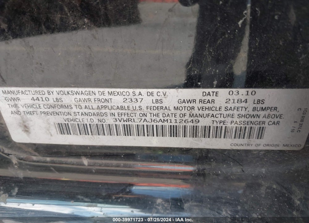 2010 VOLKSWAGEN JETTA TDI VIN: 3VWRL7AJ6AM112649