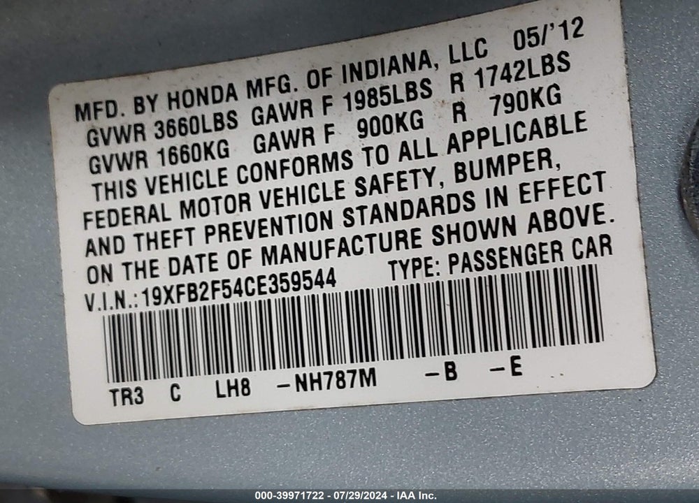 2012 HONDA CIVIC LX VIN: 19XFB2F54CE359544