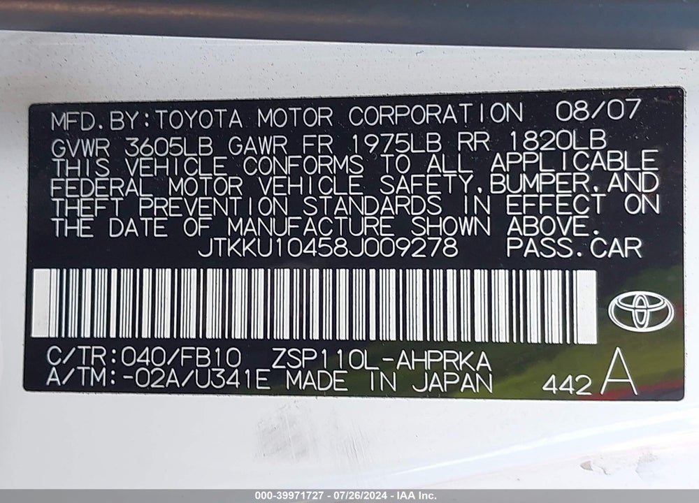 2008 SCION XD VIN: JTKKU10458J009278