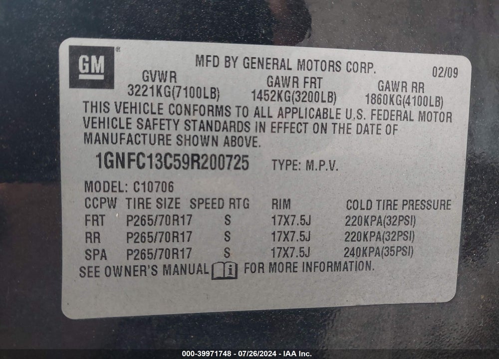 2009 CHEVROLET TAHOE LS VIN: 1GNFC13C59R200725