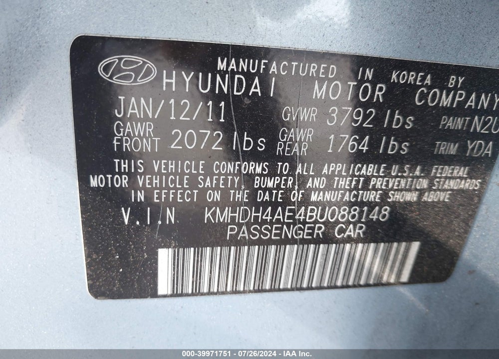 2011 HYUNDAI ELANTRA GLS (ULSAN PLANT) VIN: KMHDH4AE4BU088148
