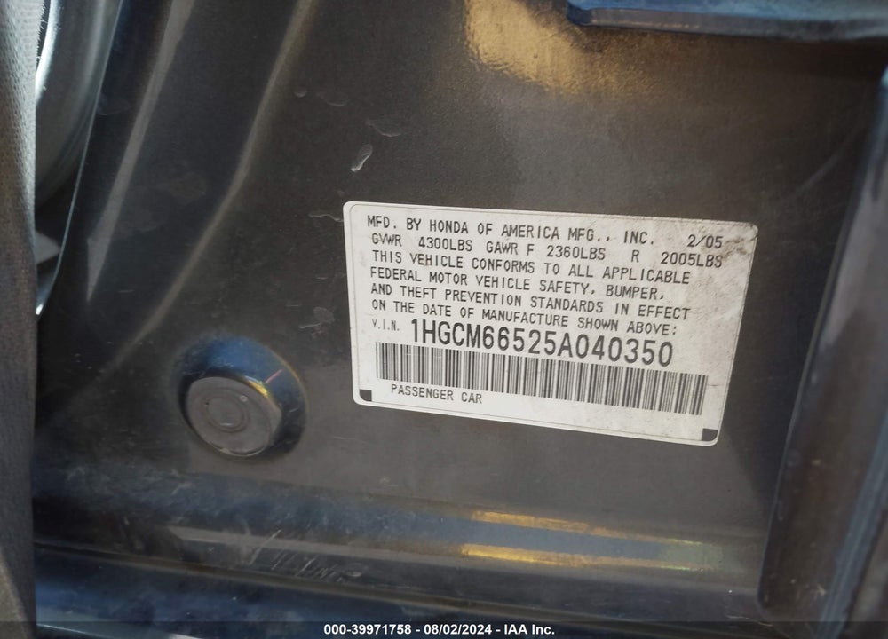 2005 HONDA ACCORD 3.0 EX VIN: 1HGCM66525A040350