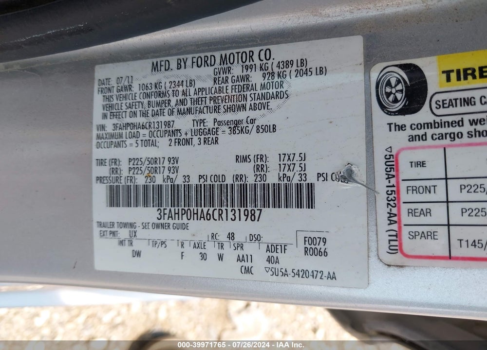 2012 FORD FUSION SE VIN: 3FAHP0HA6CR131987