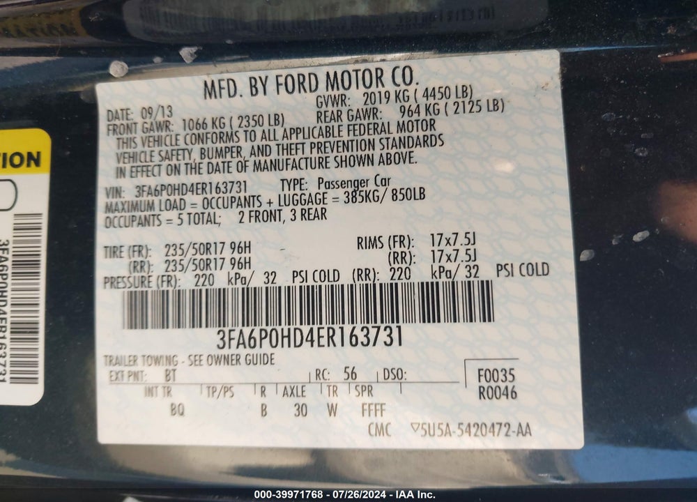 2014 FORD FUSION SE VIN: 3FA6P0HD4ER163731