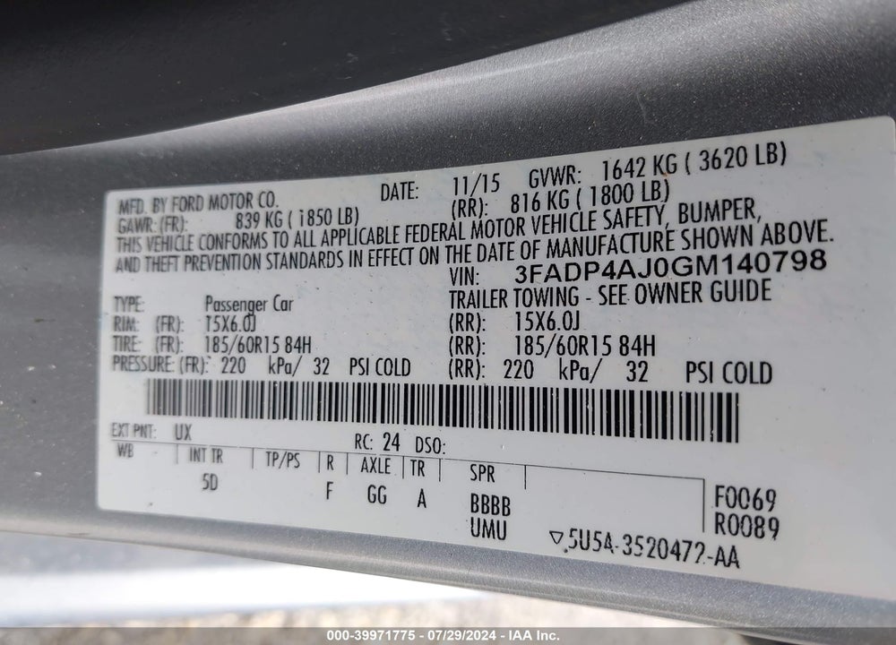 2016 FORD FIESTA S VIN: 3FADP4AJ0GM140798
