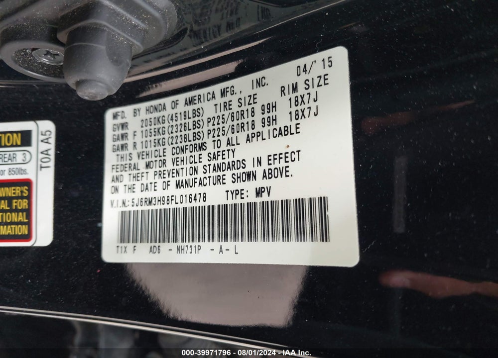 2015 HONDA CR-V TOURING VIN: 5J6RM3H98FL016478