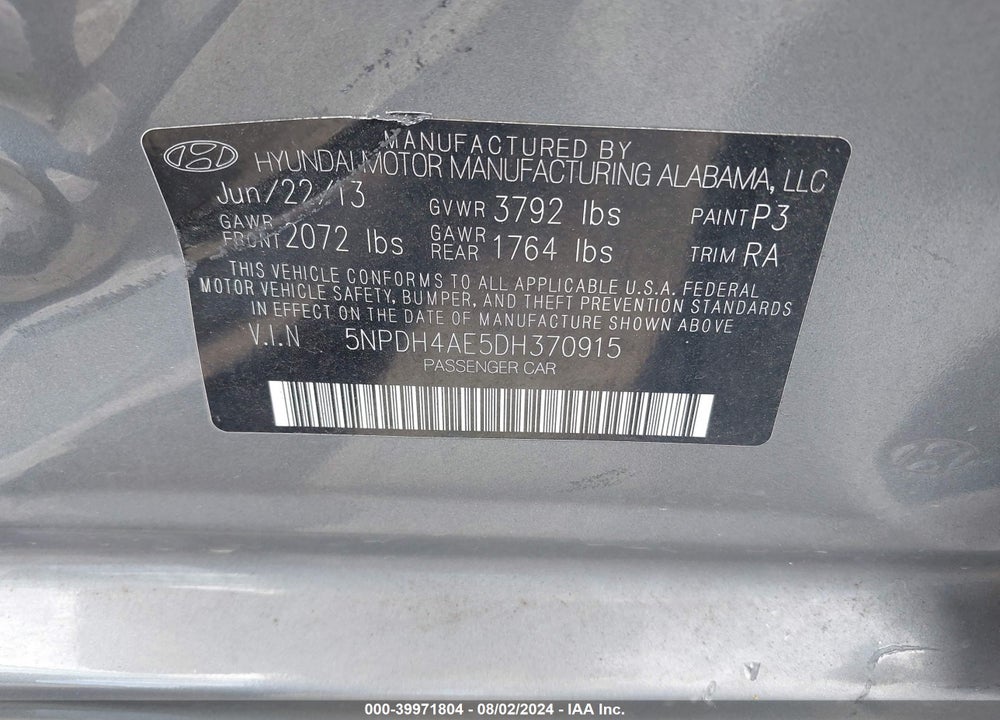 2013 HYUNDAI ELANTRA GLS VIN: 5NPDH4AE5DH370915
