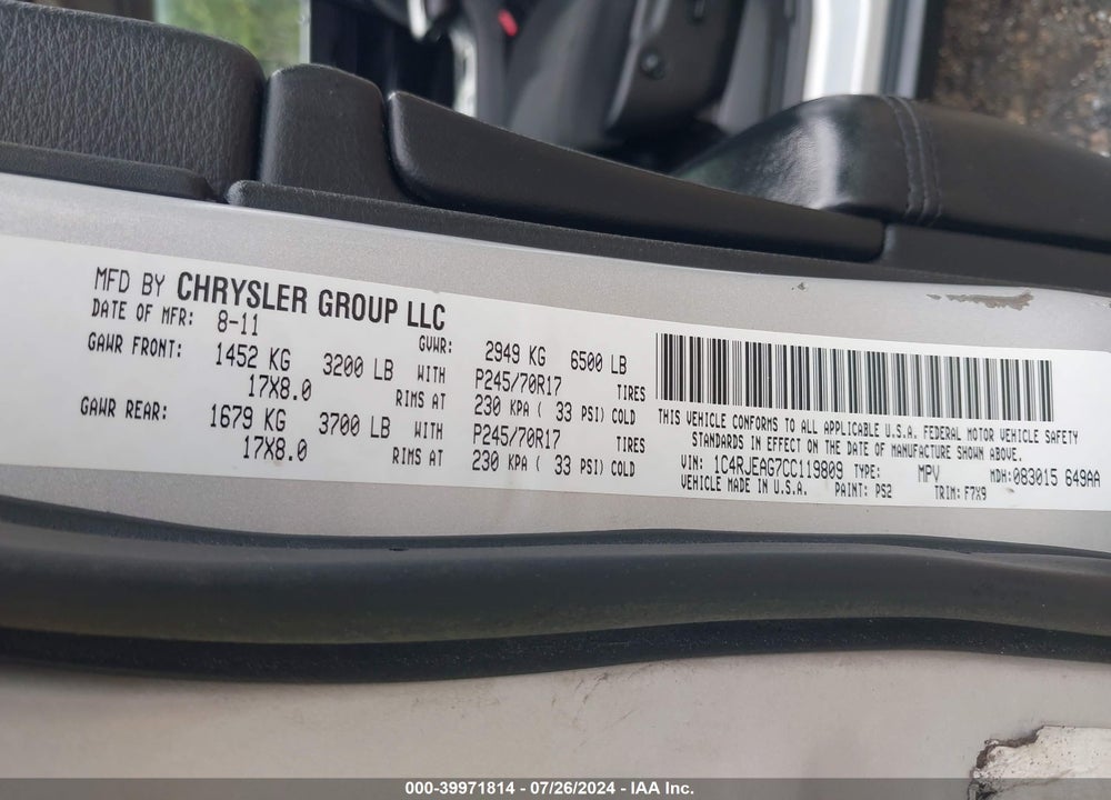 2012 JEEP GRAND CHEROKEE LAREDO VIN: 1C4RJEAG7CC119809