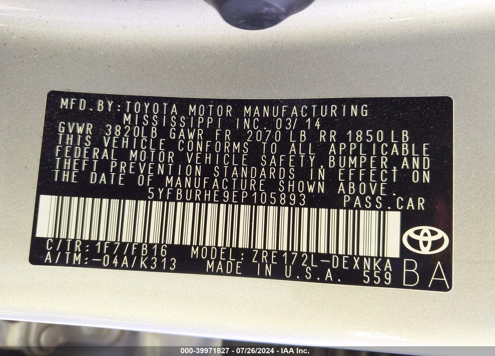 2014 TOYOTA COROLLA LE PLUS VIN: 5YFBURHE9EP105893