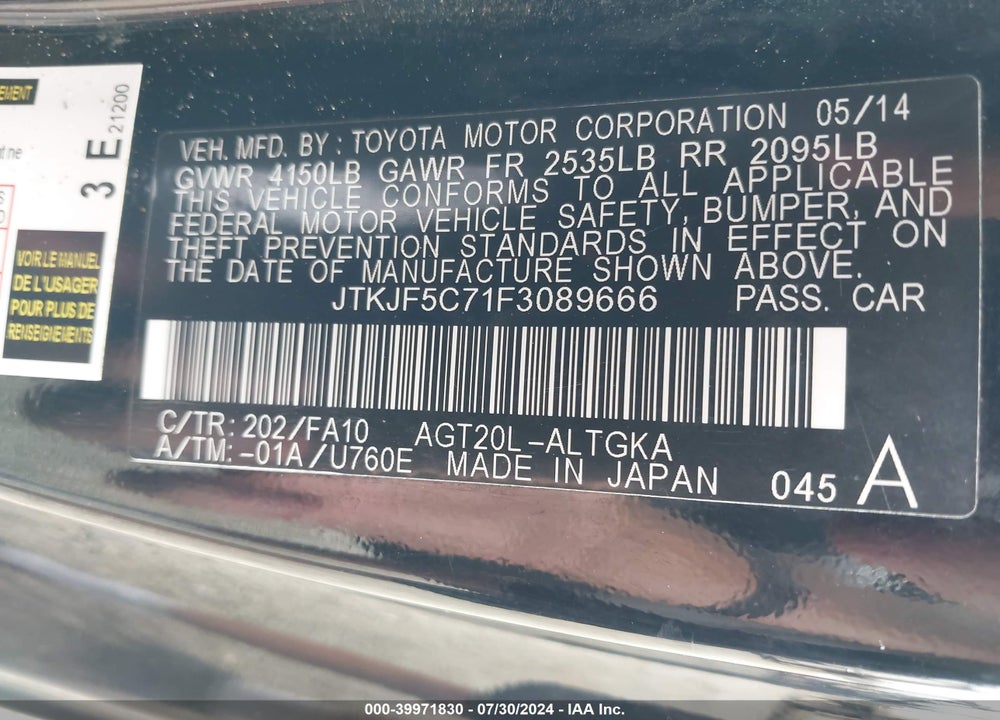 2015 SCION TC RELEASE SERIES 9.0 VIN: JTKJF5C71F3089666