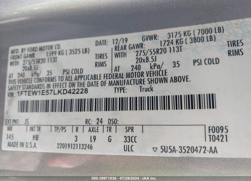 2020 FORD F-150 LARIAT VIN: 1FTEW1E57LKD42228