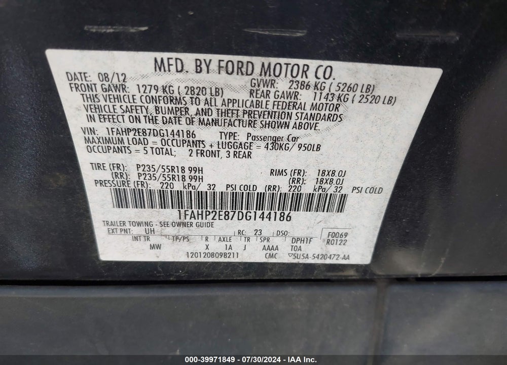 2013 FORD TAURUS VIN: 1FAHP2E87DG144186