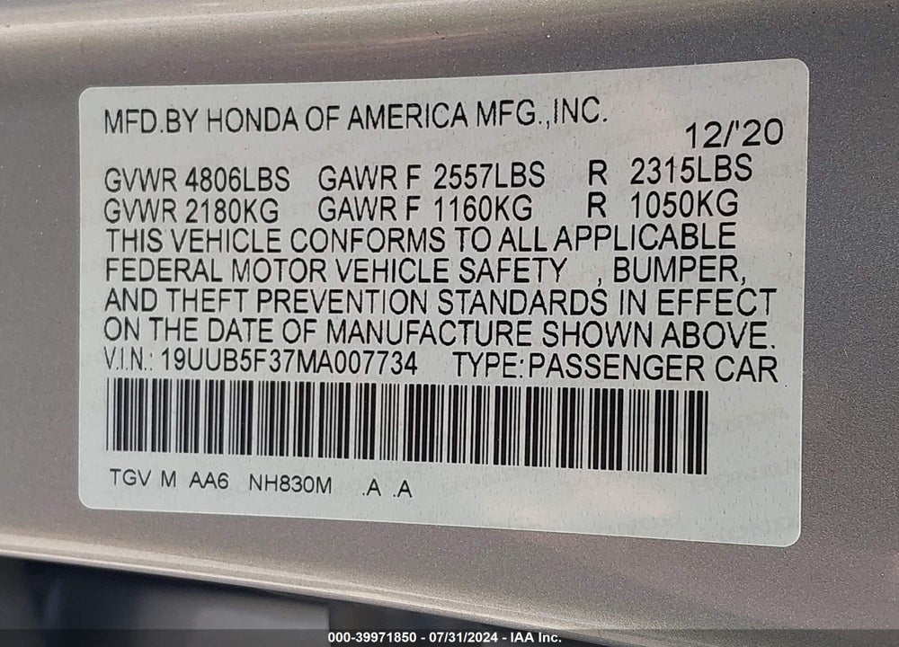 2021 ACURA TLX VIN: 19UUB5F37MA007734