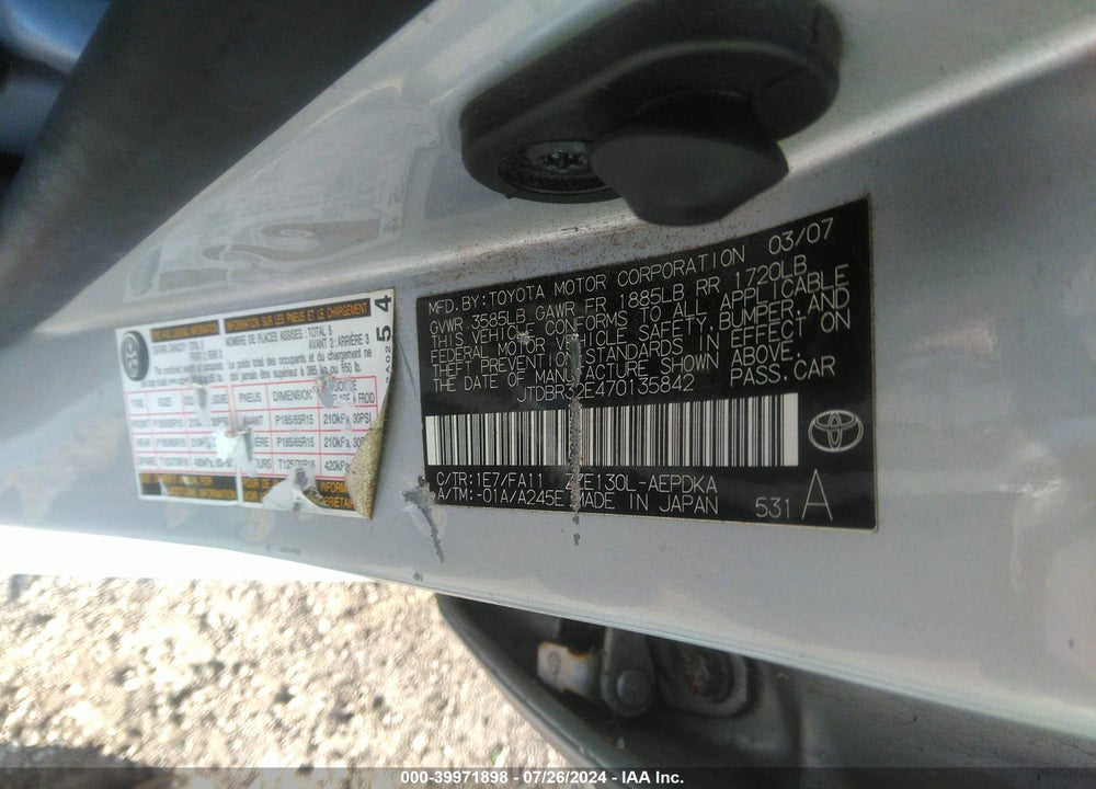 2007 TOYOTA COROLLA CE VIN: JTDBR32E470135842