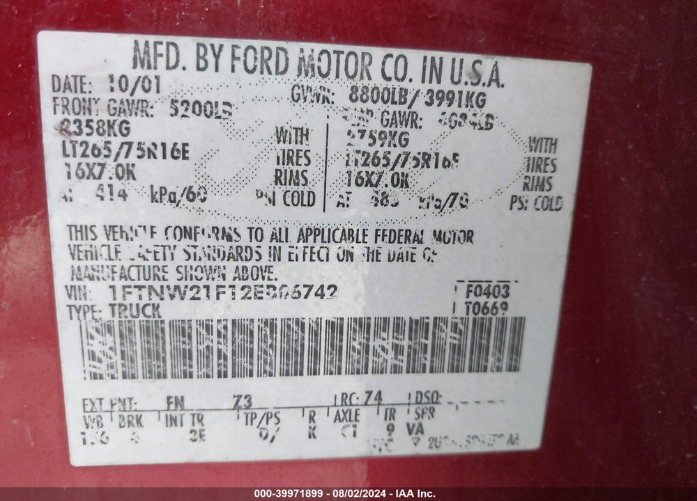 2002 FORD F-250 LARIAT/XL/XLT VIN: 1FTNW21F12EB06742