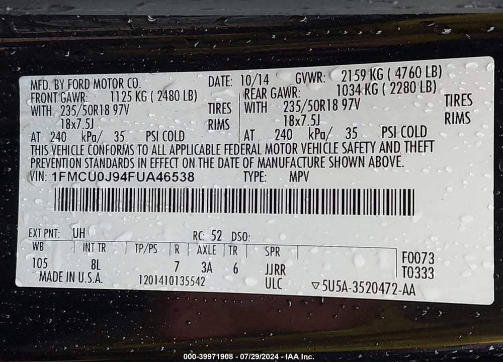 2015 FORD ESCAPE TITANIUM VIN: 1FMCU0J94FUA46538