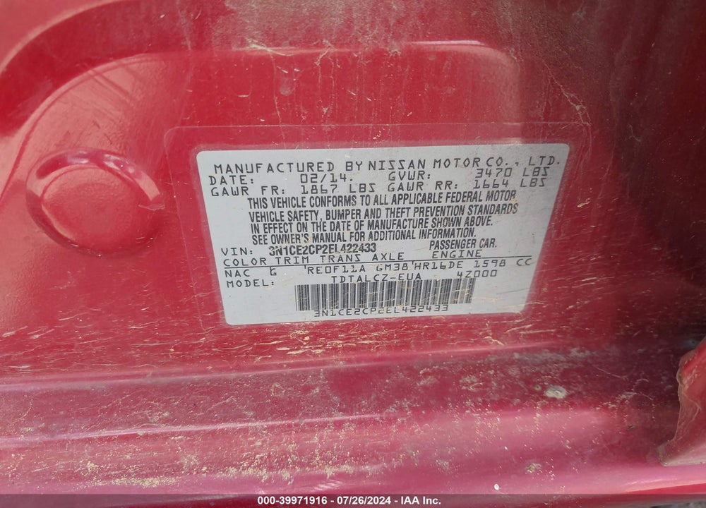 2014 NISSAN VERSA NOTE S PLUS VIN: 3N1CE2CP2EL422433