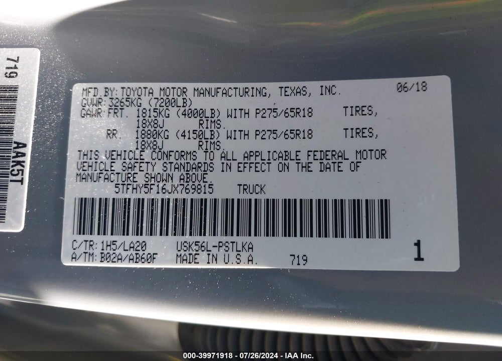 2018 TOYOTA TUNDRA LIMITED 5.7L V8 VIN: 5TFHY5F16JX769815
