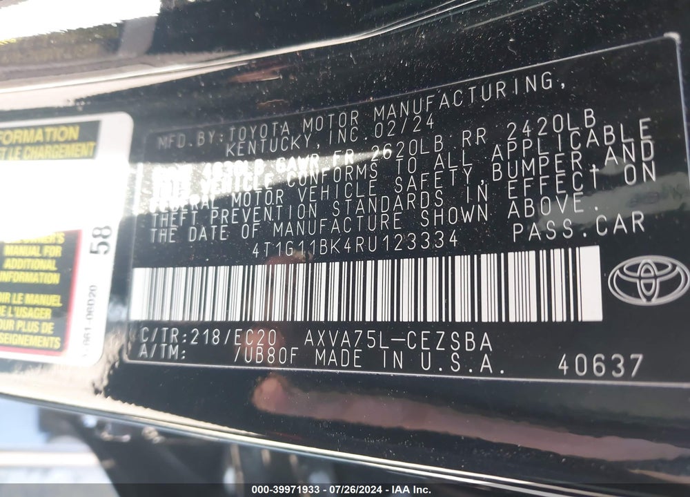 2024 TOYOTA CAMRY SE NIGHTSHADE VIN: 4T1G11BK4RU123334