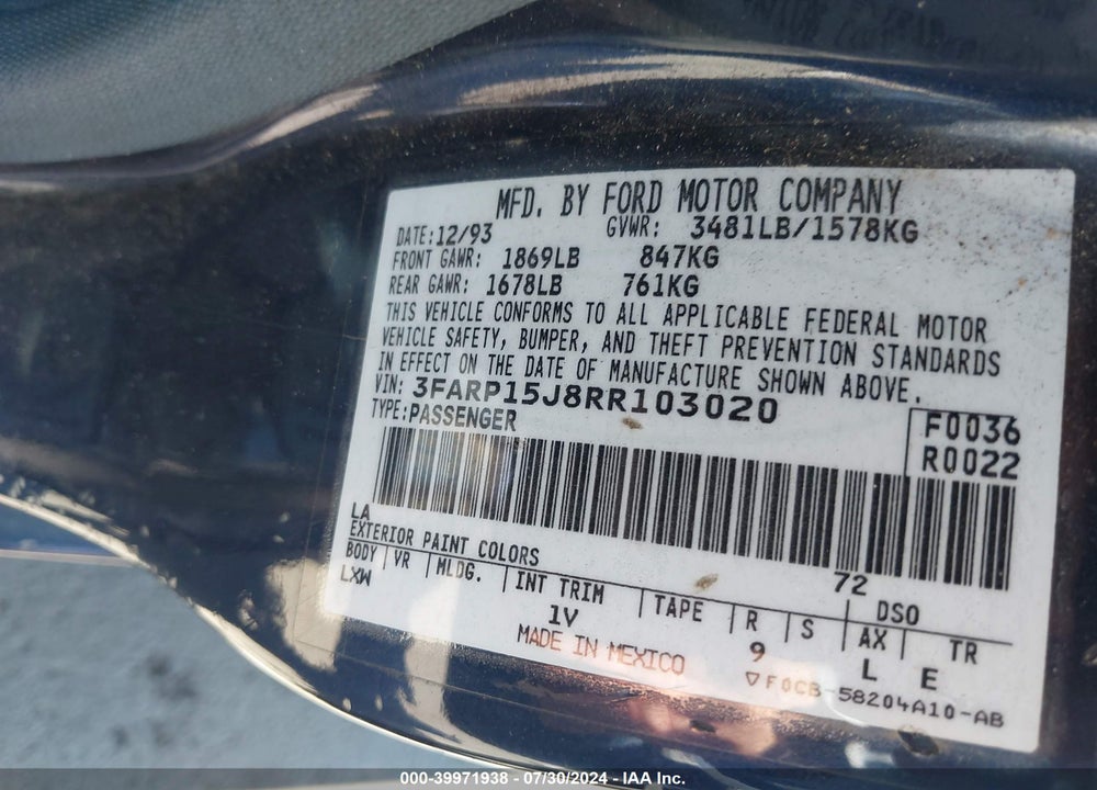1994 FORD ESCORT LX/SPORT VIN: 3FARP15J8RR103020