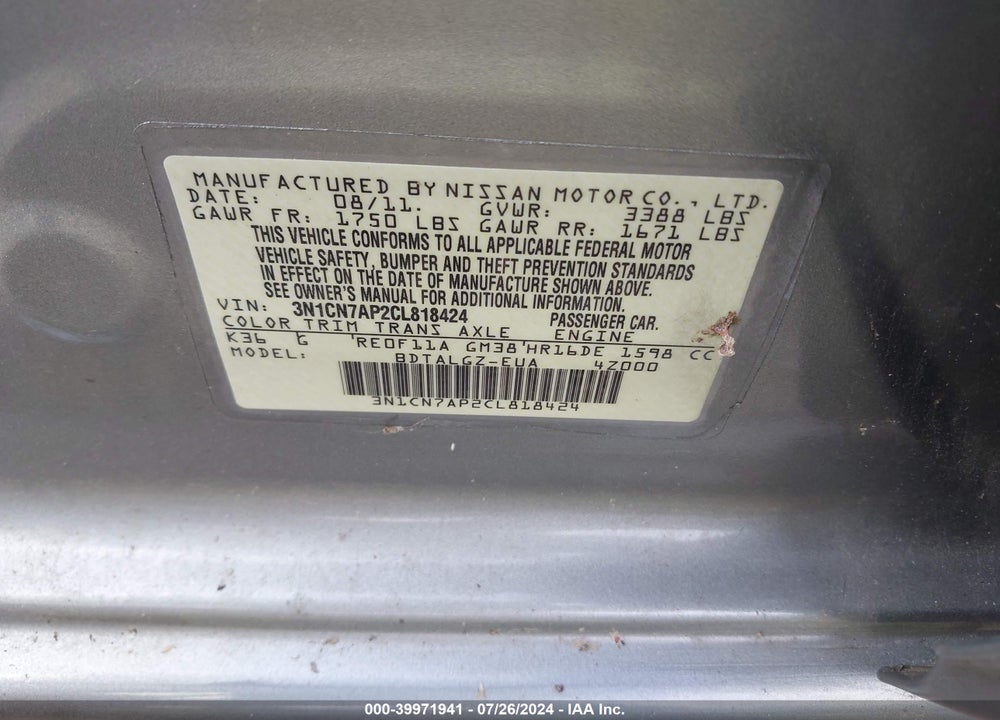 2012 NISSAN VERSA 1.6 SL VIN: 3N1CN7AP2CL818424