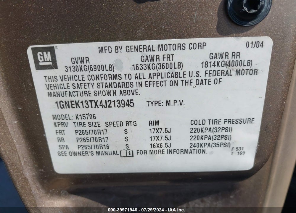 2004 CHEVROLET TAHOE LT VIN: 1GNEK13TX4J213945