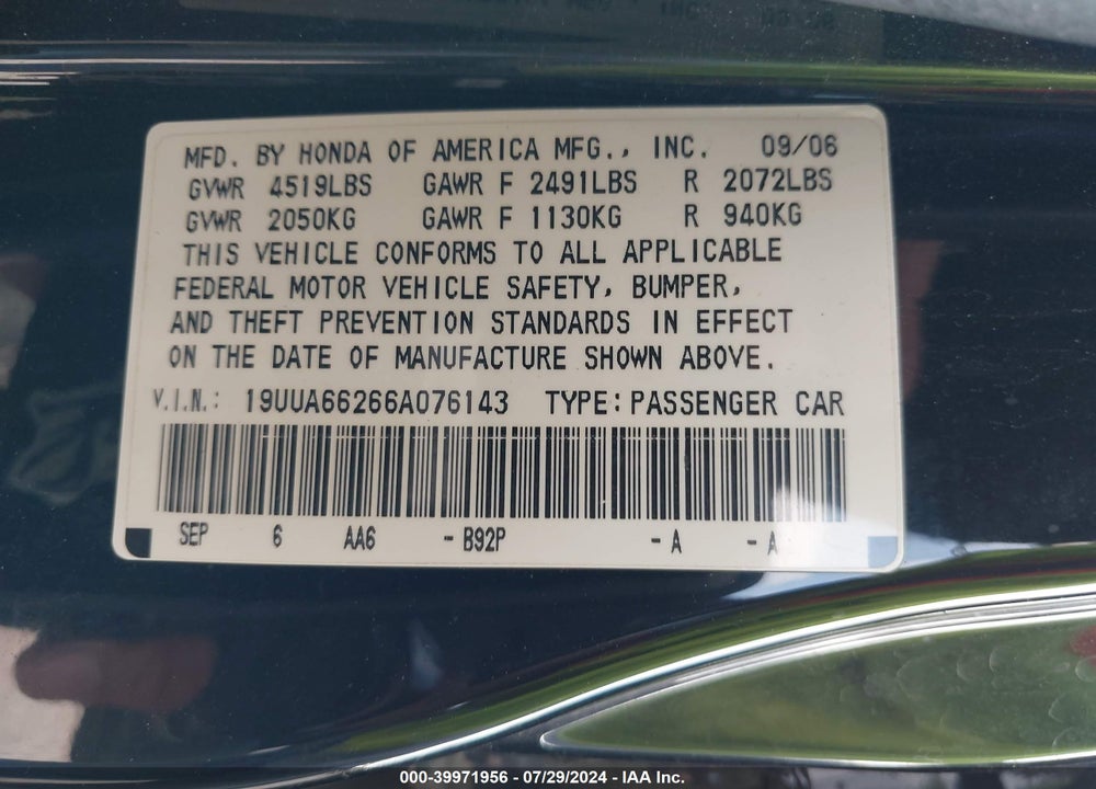 2006 ACURA TL VIN: 19UUA66266A076143