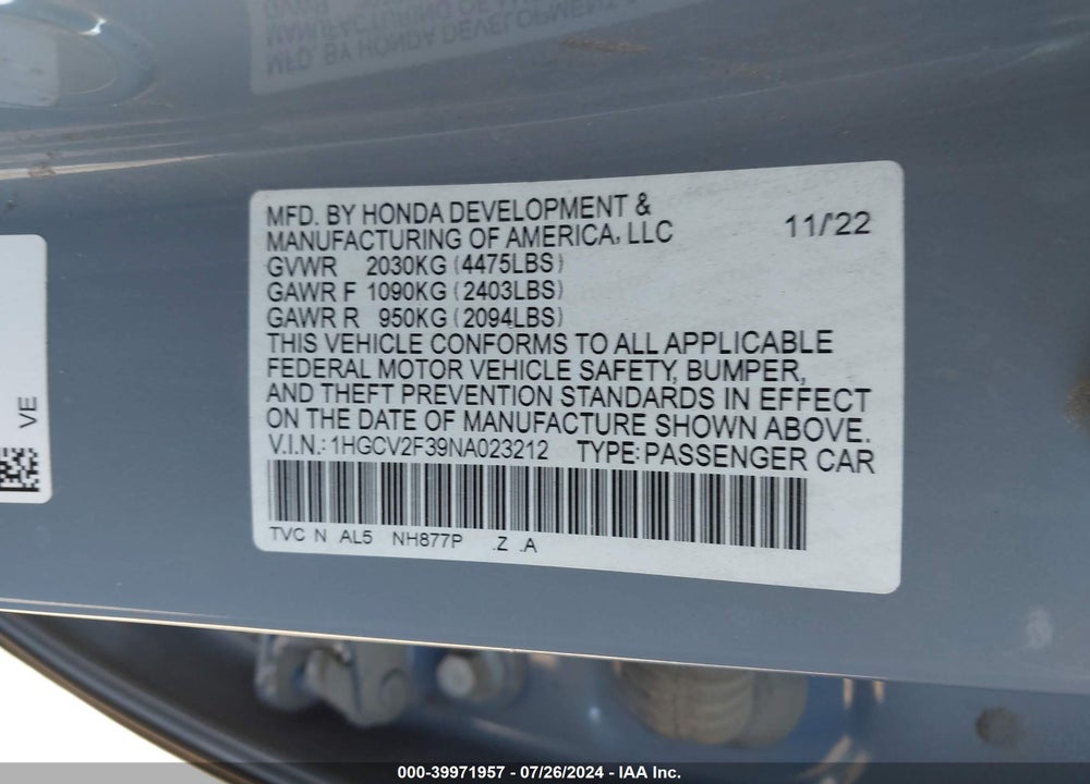 2022 HONDA ACCORD SPORT 2.0T VIN: 1HGCV2F39NA023212