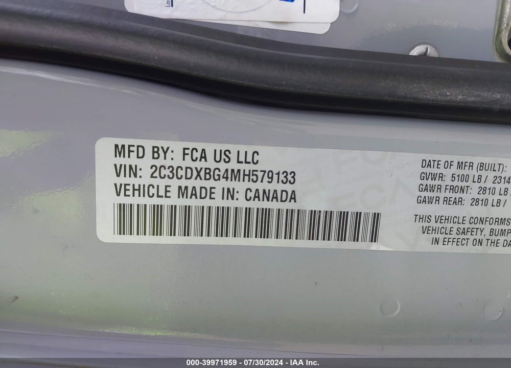 2021 DODGE CHARGER SXT RWD VIN: 2C3CDXBG4MH579133