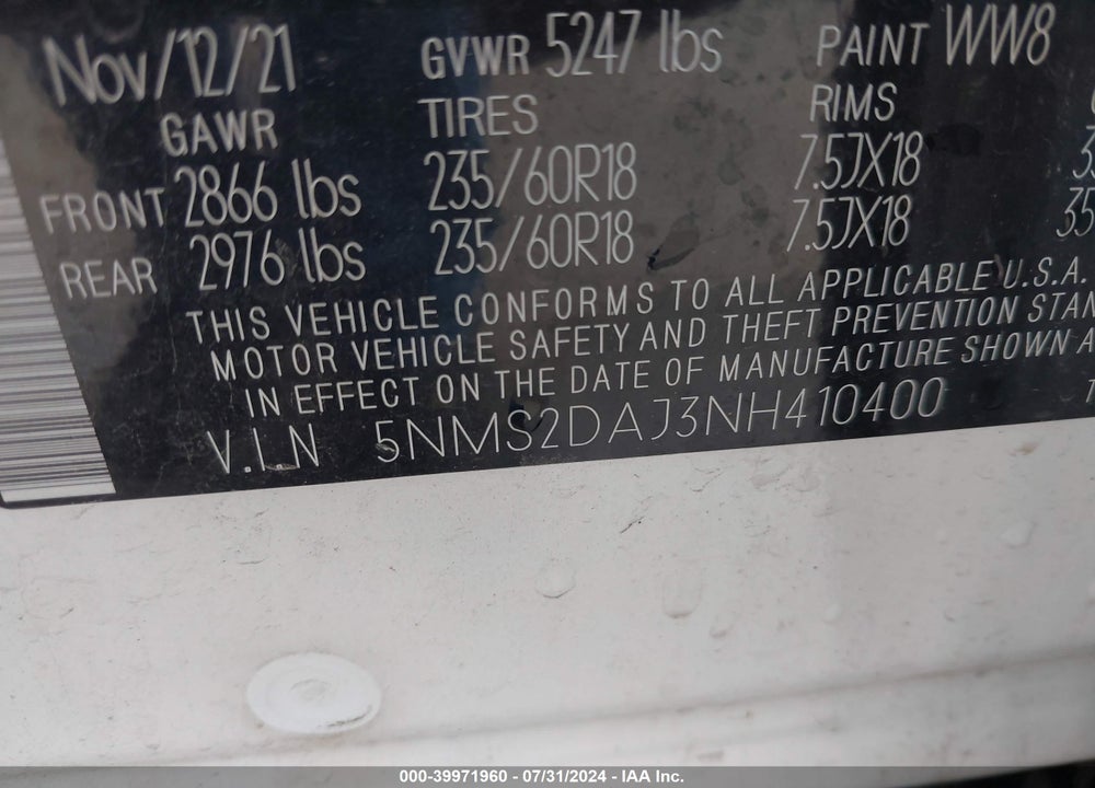 2022 HYUNDAI SANTA FE SEL VIN: 5NMS2DAJ3NH410400